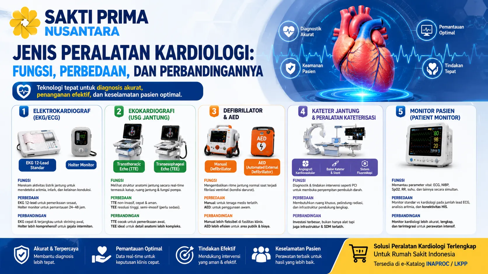 Banner informatif tentang jenis peralatan kardiologi yang menampilkan perbandingan alat EKG, ekokardiografi, defibrillator, kateterisasi jantung, dan patient monitor, dilengkapi ilustrasi jantung digital serta logo Sakti Prima Nusantara.