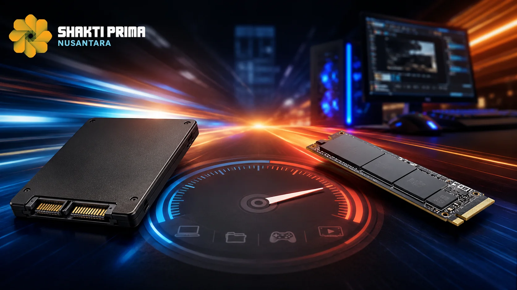 Perbandingan SSD SATA dan SSD NVMe pada lingkungan komputer modern dengan visual yang menonjolkan perbedaan performa dan kecepatan akses data.