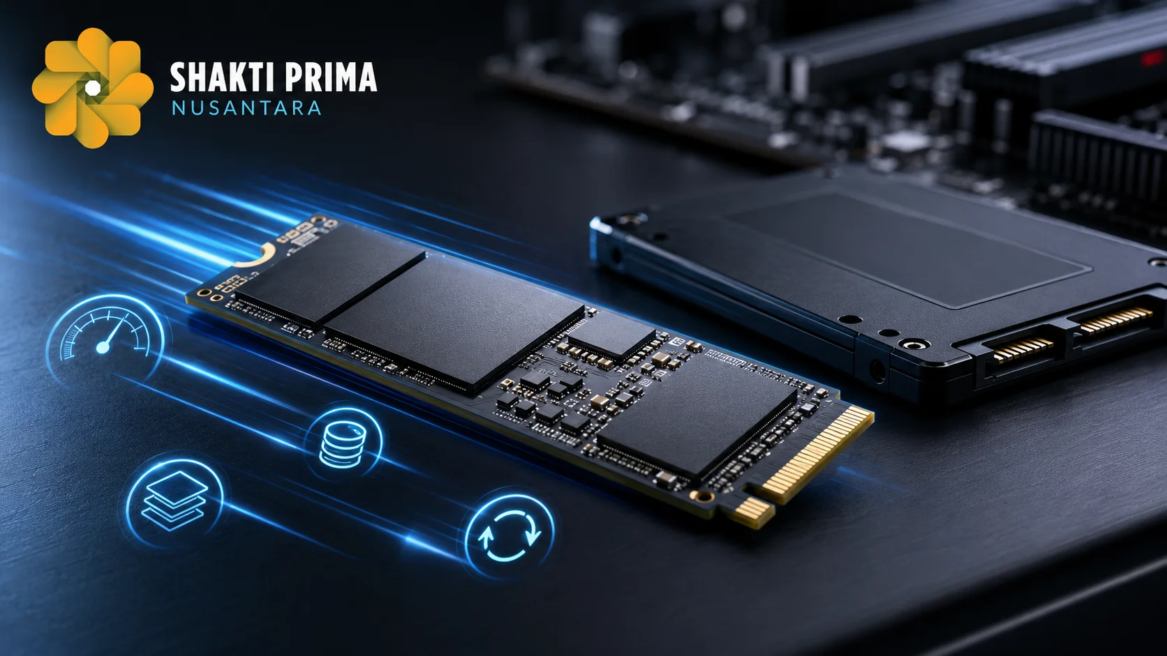 SSD NVMe dan SSD SATA dengan efek kecepatan data serta logo Shakti Prima Nusantara.