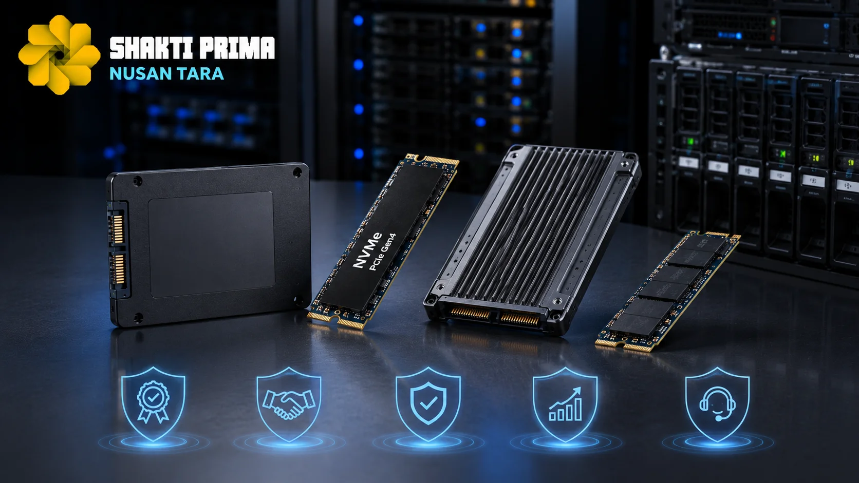 Banner perangkat SSD internal SATA, NVMe, dan SSD enterprise dengan latar server modern serta logo Shakti Prima Nusantara, menggambarkan keunggulan penyedia SSD Internal Inaproc dalam menyediakan solusi penyimpanan berperforma tinggi untuk instansi pemerintah dan organisasi.