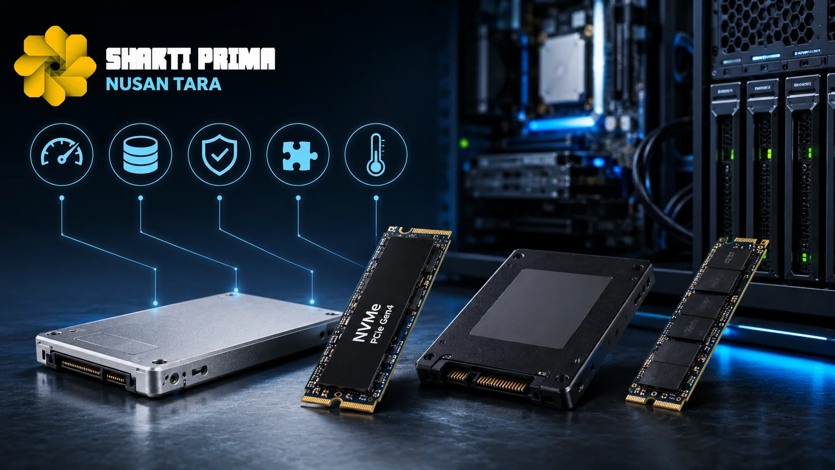 Banner perangkat SSD internal SATA dan NVMe dengan latar server modern serta logo Shakti Prima Nusantara, menggambarkan kriteria penting dalam memilih SSD berkinerja tinggi untuk kebutuhan pengadaan melalui Inaproc.