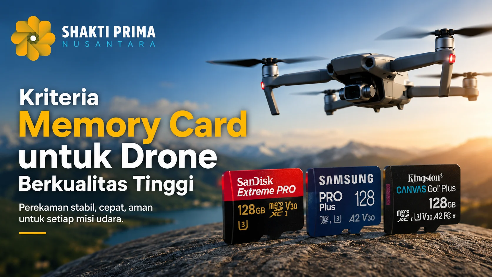 Banner menampilkan drone dan beberapa memory card berkecepatan tinggi dengan logo Shakti Prima Nusantara serta judul tentang kriteria memory card berkualitas untuk kebutuhan drone.