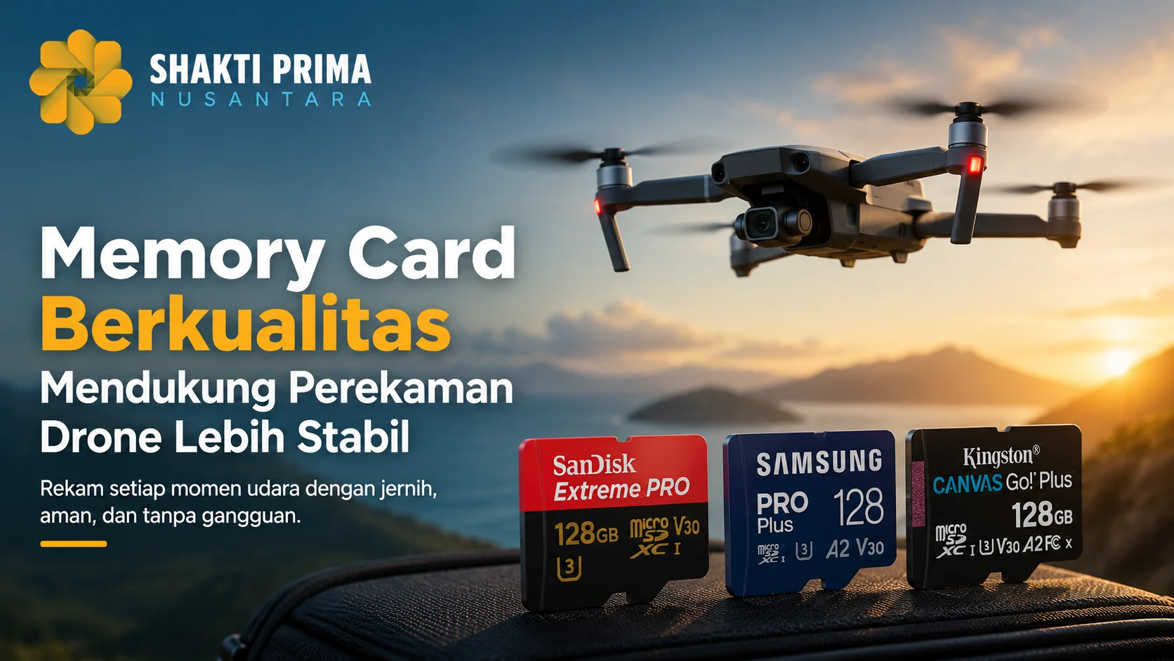 Banner menampilkan drone yang terbang di atas lanskap alam dengan memory card berperforma tinggi dan logo Shakti Prima Nusantara, menyoroti pentingnya media penyimpanan berkualitas untuk perekaman drone yang stabil.