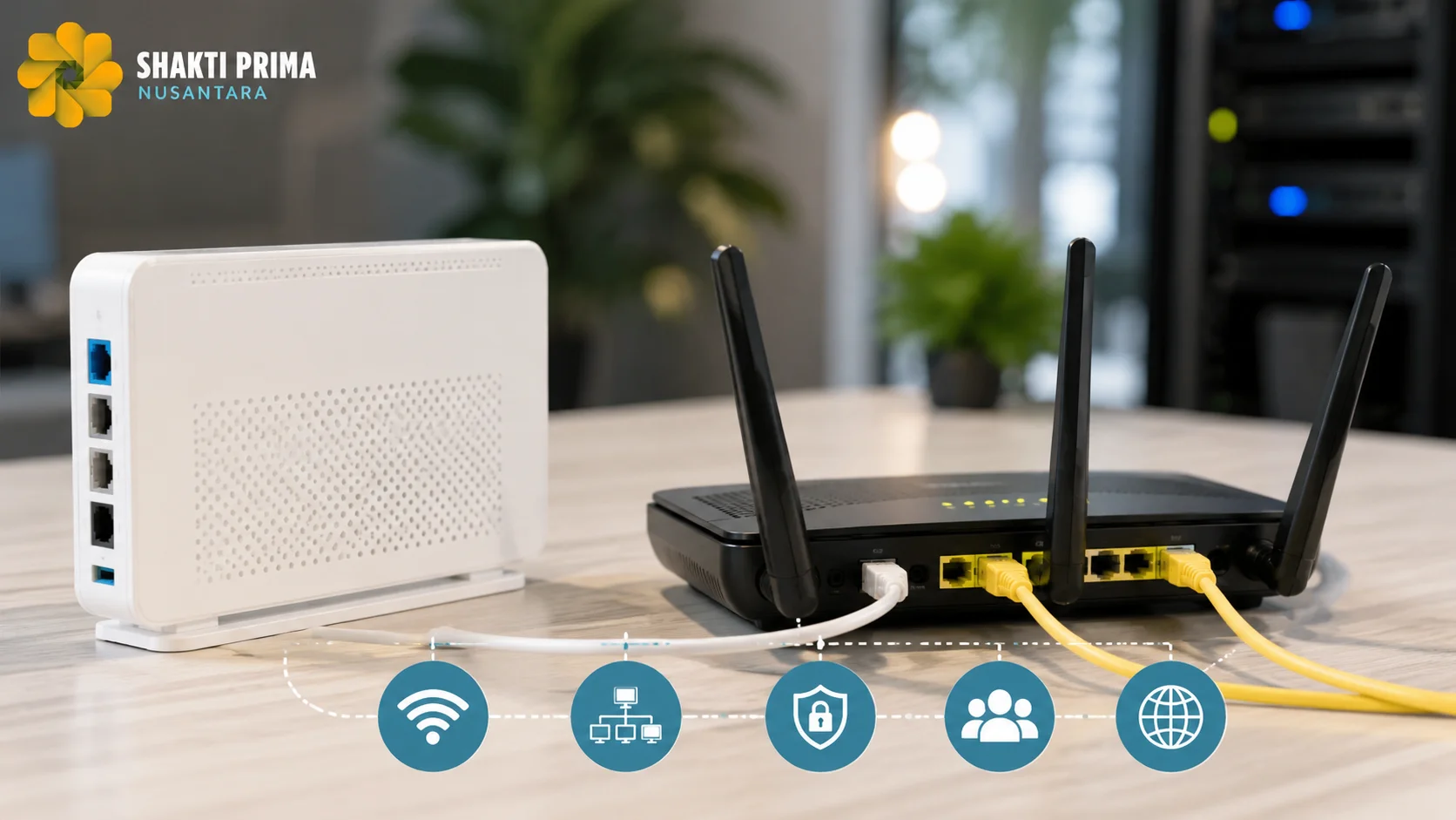 Router dan modem yang terhubung dalam satu jaringan untuk mendukung koneksi internet yang stabil, aman, dan efisien di lingkungan kerja modern.