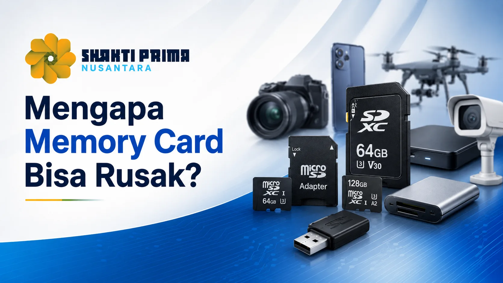 Banner artikel Mengapa Memory Card Bisa Rusak dengan logo Shakti Prima Nusantara dan produk kartu memori digital.