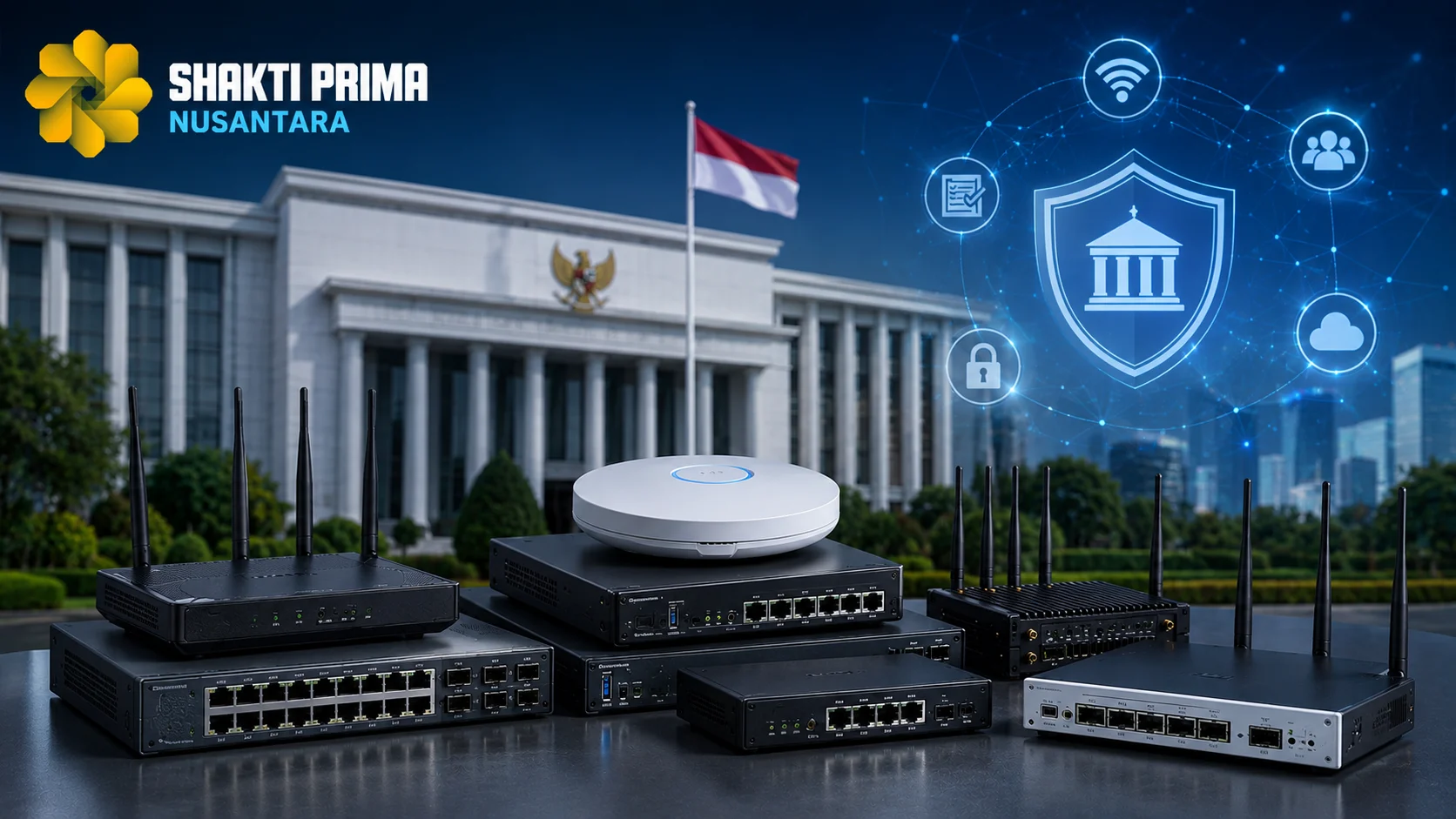 Banner perangkat jaringan yang menampilkan berbagai router dan switch dengan latar gedung pemerintahan modern serta logo Shakti Prima Nusantara, menggambarkan pentingnya pemilihan router yang tepat untuk mendukung infrastruktur digital instansi pemerintah.