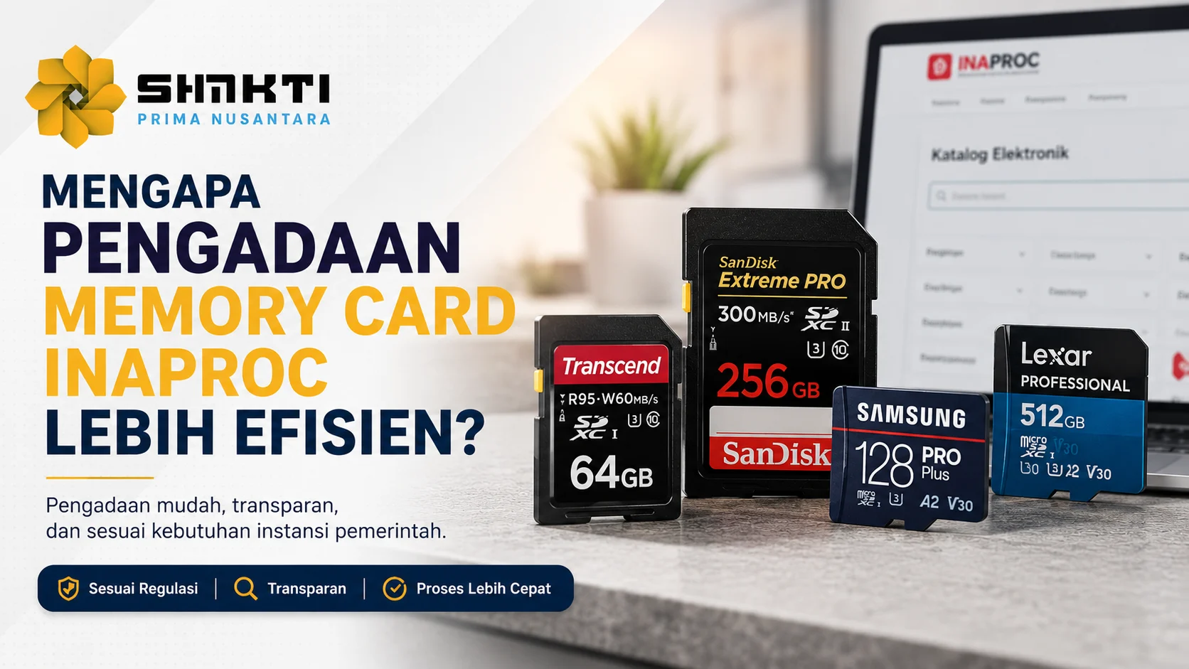 Banner Mengapa Pengadaan Memory Card Inaproc Lebih Efisien dari Shakti Prima Nusantara yang menampilkan berbagai memory card untuk kebutuhan penyimpanan data instansi pemerintah.