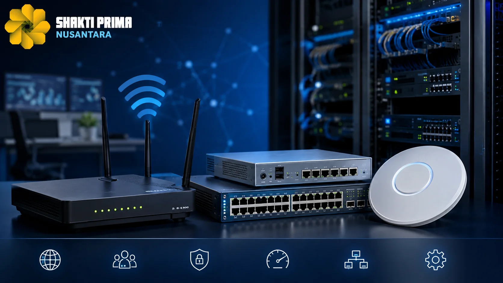 Banner perangkat jaringan yang menampilkan router, switch, dan access point pada lingkungan server modern dengan logo Shakti Prima Nusantara, menggambarkan peran router dalam menjaga konektivitas dan pengelolaan jaringan komputer.