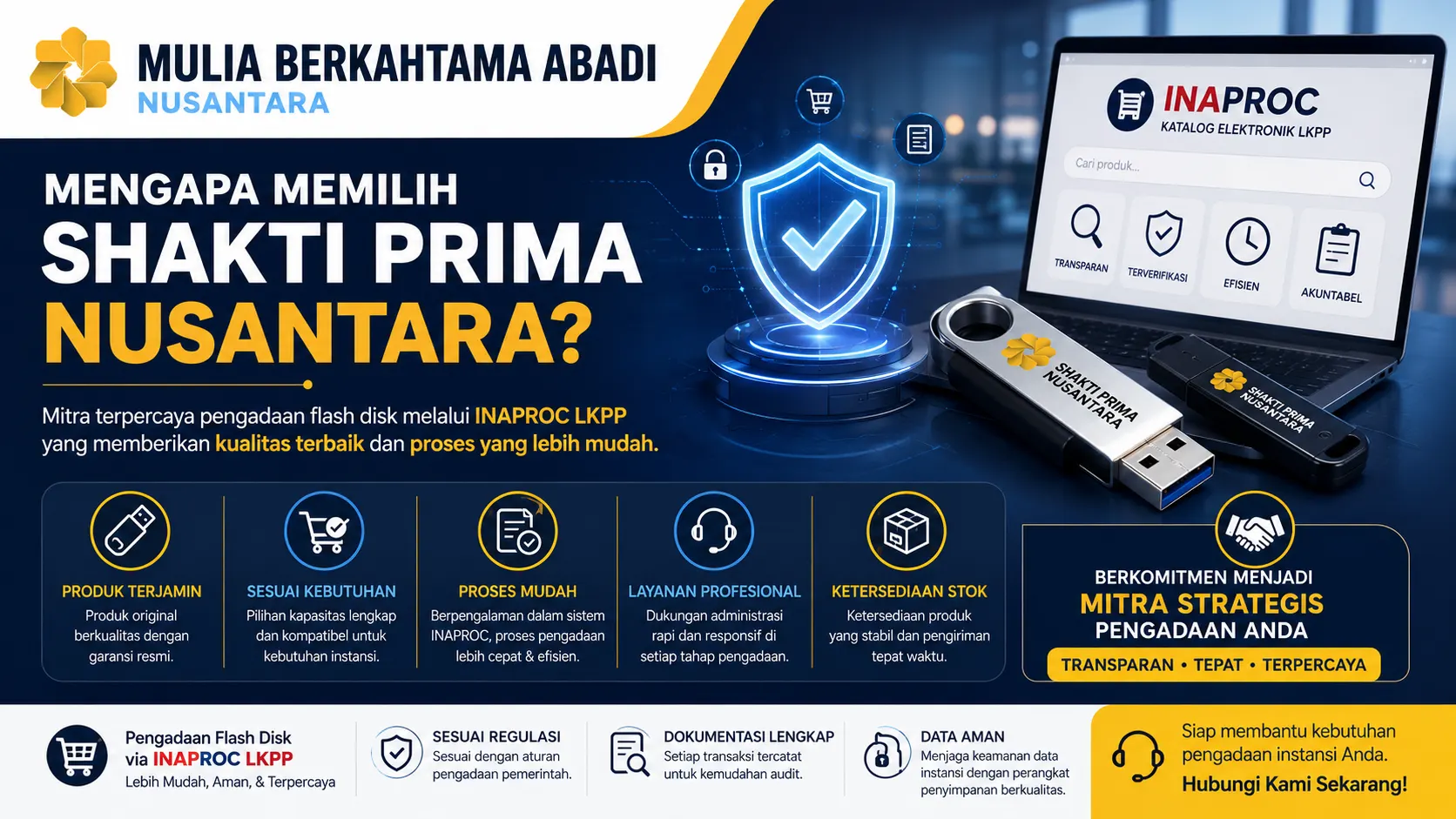 Banner bertema “Mengapa Memilih Shakti Prima Nusantara?” yang menampilkan produk flash disk, platform INAPROC LKPP, ikon verifikasi dan keamanan, serta informasi keunggulan penyedia dalam mendukung pengadaan pemerintah yang transparan dan terpercaya.
