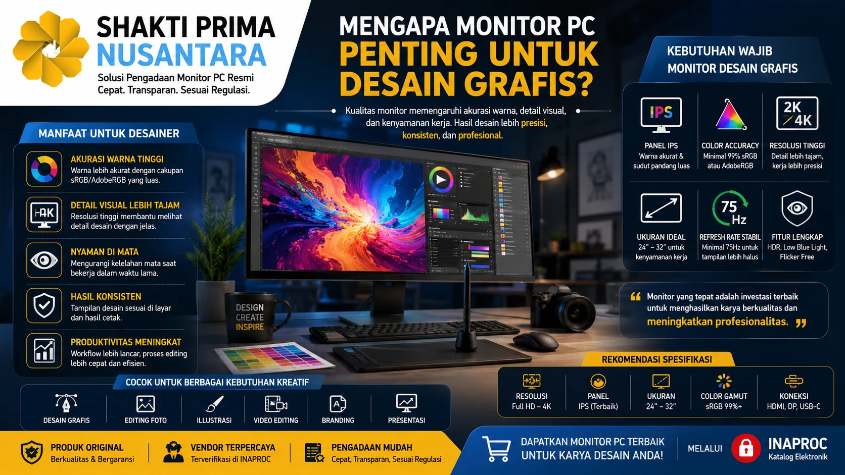 Banner informatif tentang pentingnya monitor PC untuk desain grafis yang menampilkan monitor profesional dengan tampilan desain warna-warni, alat kerja kreatif, indikator akurasi warna, resolusi tinggi, panel IPS, serta logo Shakti Prima Nusantara sebagai penyedia solusi perangkat IT terpercaya.