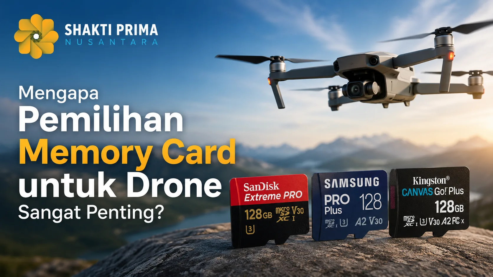 Banner menampilkan drone yang sedang terbang dengan tiga memory card berkinerja tinggi di bagian depan serta logo Shakti Prima Nusantara dan judul “Mengapa Pemilihan Memory Card untuk Drone Sangat Penting?”.