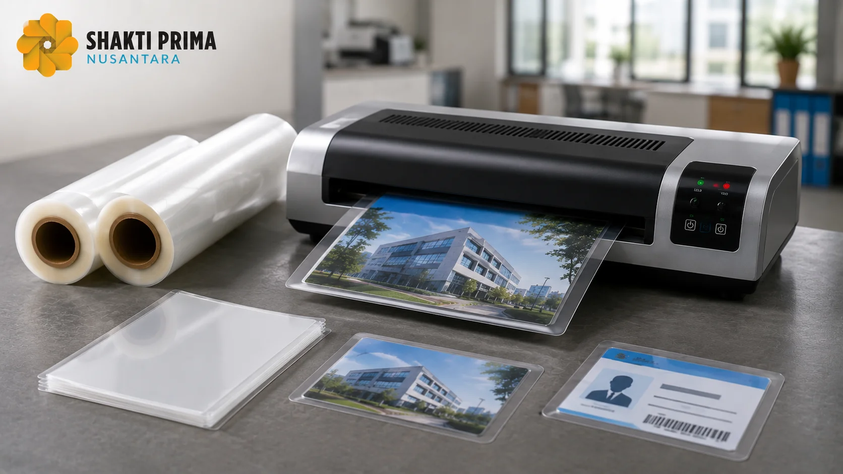 Mesin laminating beserta plastik laminating sebagai perlengkapan perlindungan dokumen di berbagai instansi.