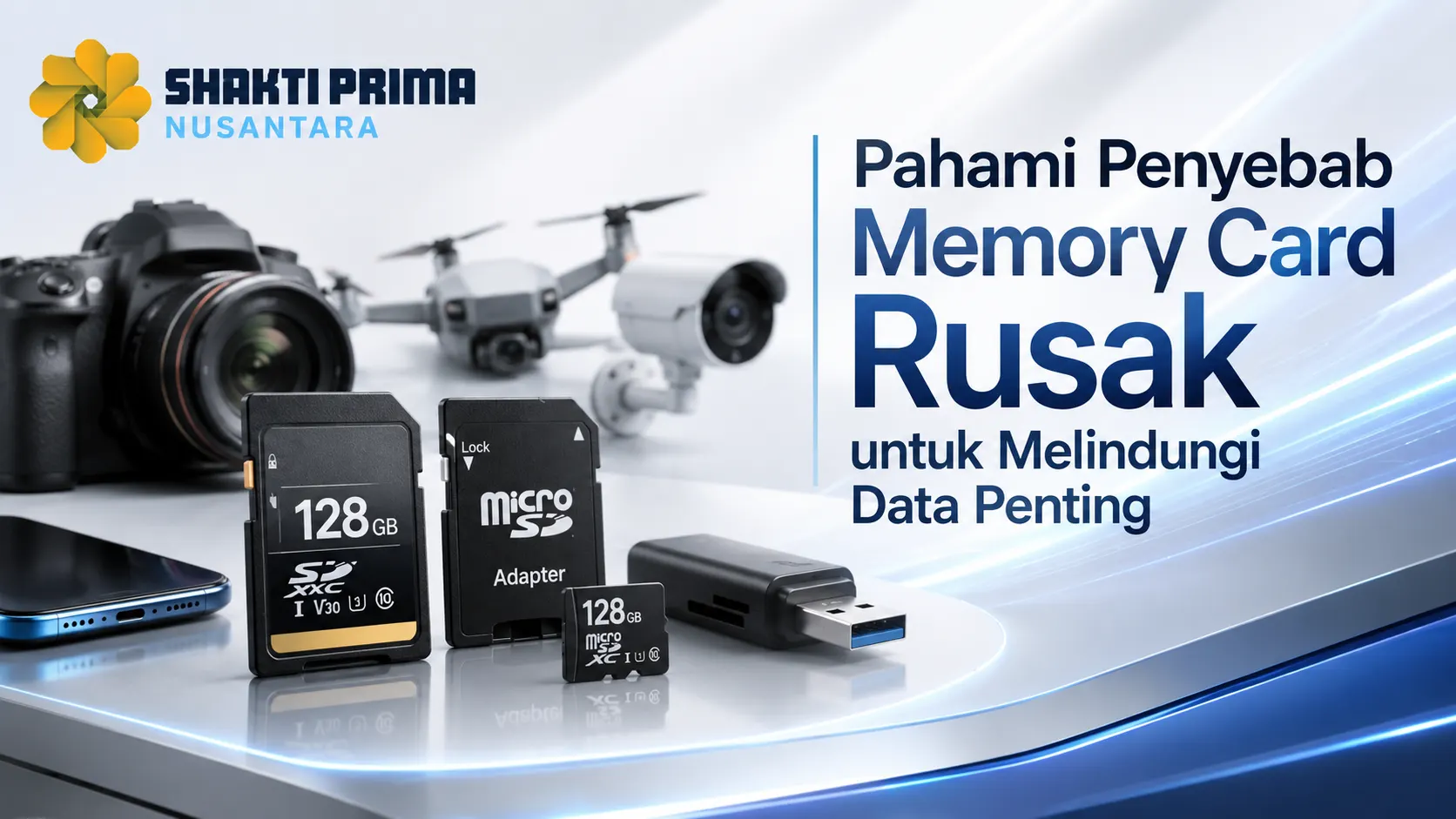 Banner Pahami Penyebab Memory Card Rusak untuk Melindungi Data Penting dengan logo Shakti Prima Nusantara dan produk memory card.