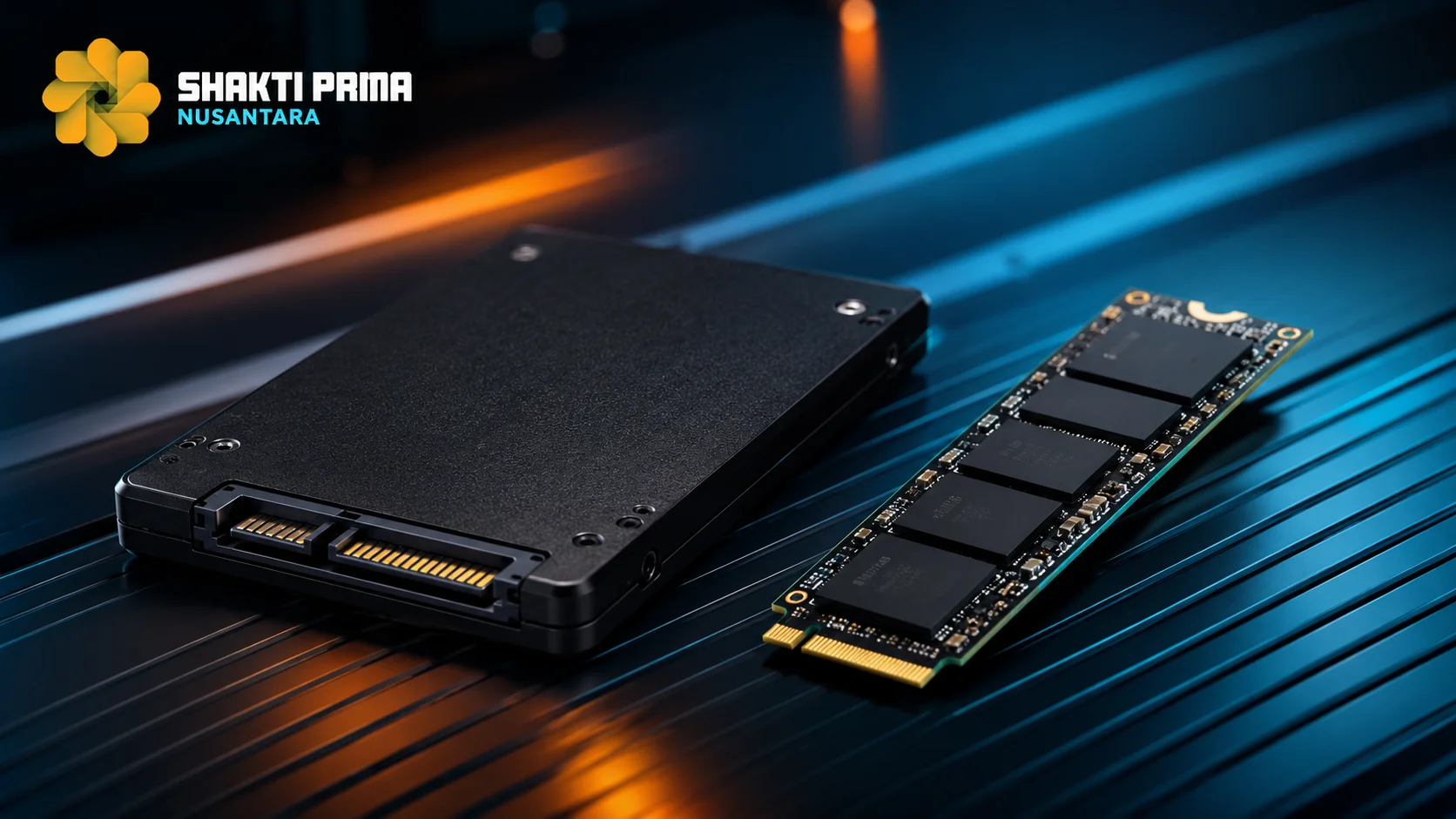 SSD SATA dan SSD NVMe ditampilkan berdampingan dalam tampilan produk berteknologi tinggi, memperlihatkan dua jenis media penyimpanan yang umum digunakan untuk meningkatkan performa komputer.