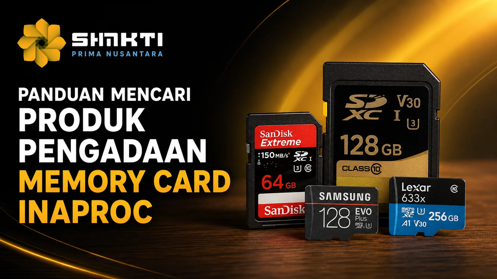 Banner Panduan Mencari Produk Pengadaan Memory Card Inaproc dari Shakti Prima Nusantara dengan tampilan berbagai memory card untuk kebutuhan penyimpanan data instansi pemerintah.
