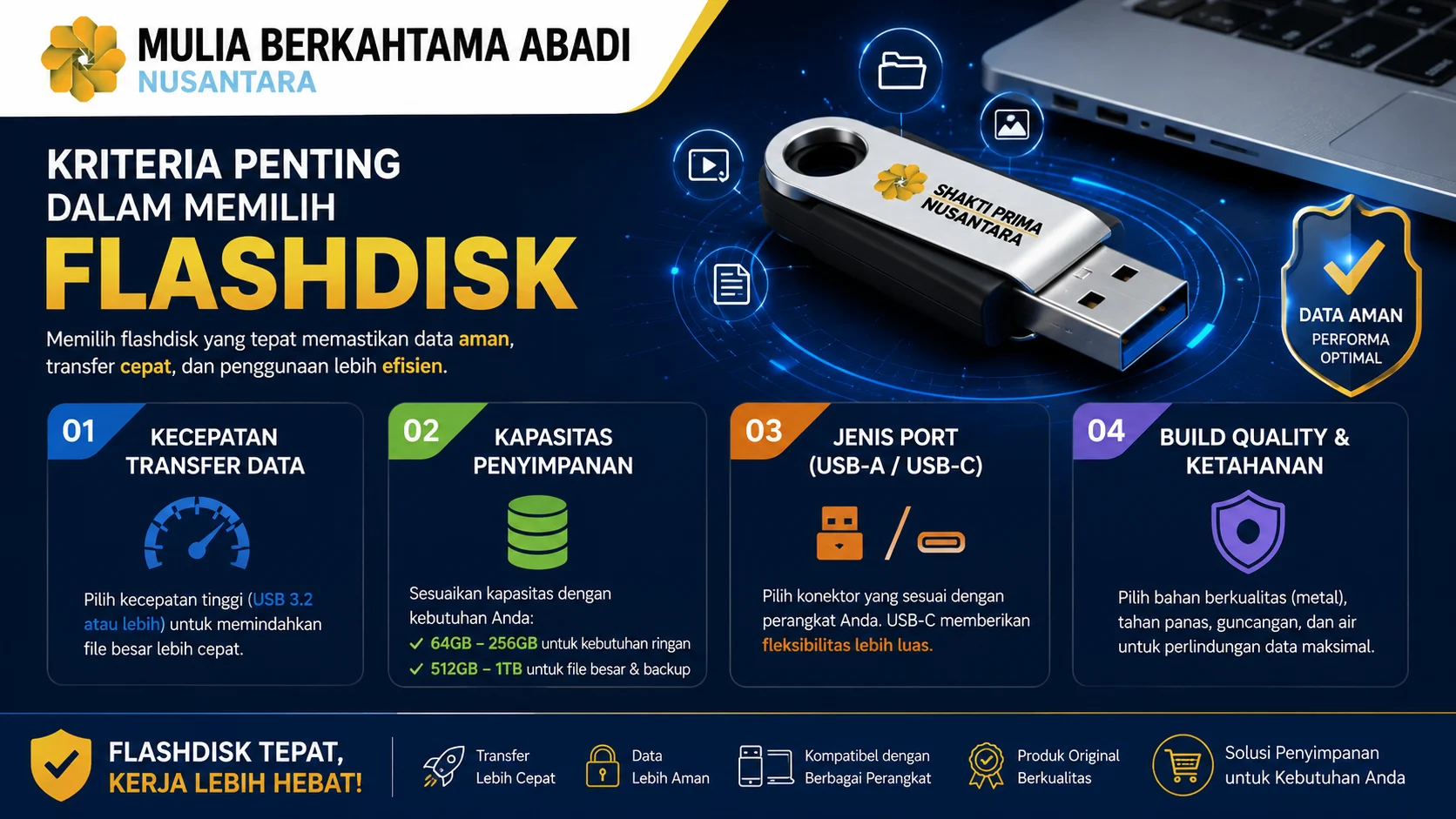 Banner edukatif tentang kriteria penting dalam memilih flashdisk yang menampilkan perangkat penyimpanan USB, ikon kecepatan transfer, kapasitas, jenis port, dan ketahanan fisik, serta logo Mulia Berkahtama Abadi dalam desain modern bertema teknologi.