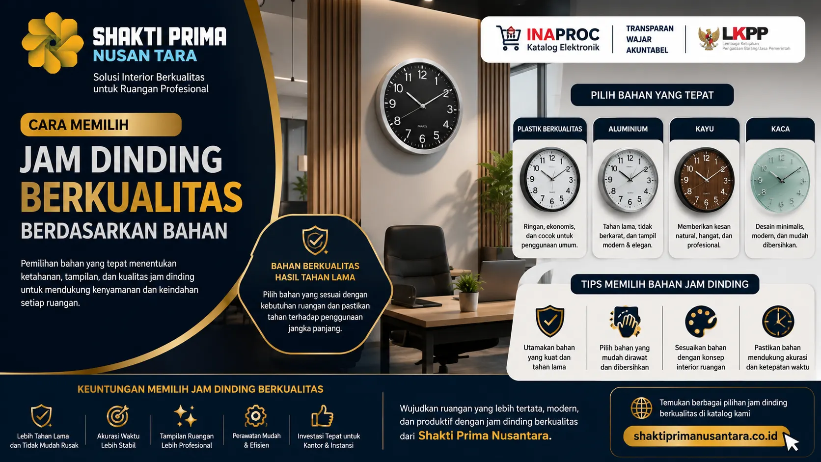 Banner cara memilih jam dinding berkualitas berdasarkan bahan dengan ilustrasi jam dinding modern berbahan aluminium, kayu, kaca, dan plastik berkualitas untuk mendukung tampilan interior yang profesional dan fungsional.
