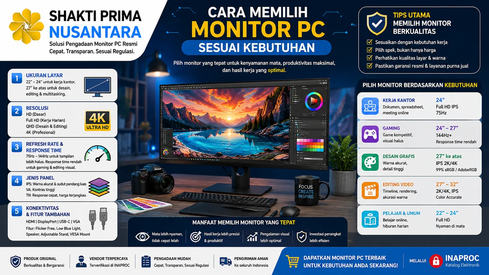 Banner panduan memilih monitor PC sesuai kebutuhan yang menampilkan berbagai kategori penggunaan seperti kerja kantor, desain grafis, gaming, dan editing, lengkap dengan informasi ukuran layar, resolusi, jenis panel, serta logo Shakti Prima Nusantara sebagai penyedia solusi perangkat IT terpercaya.