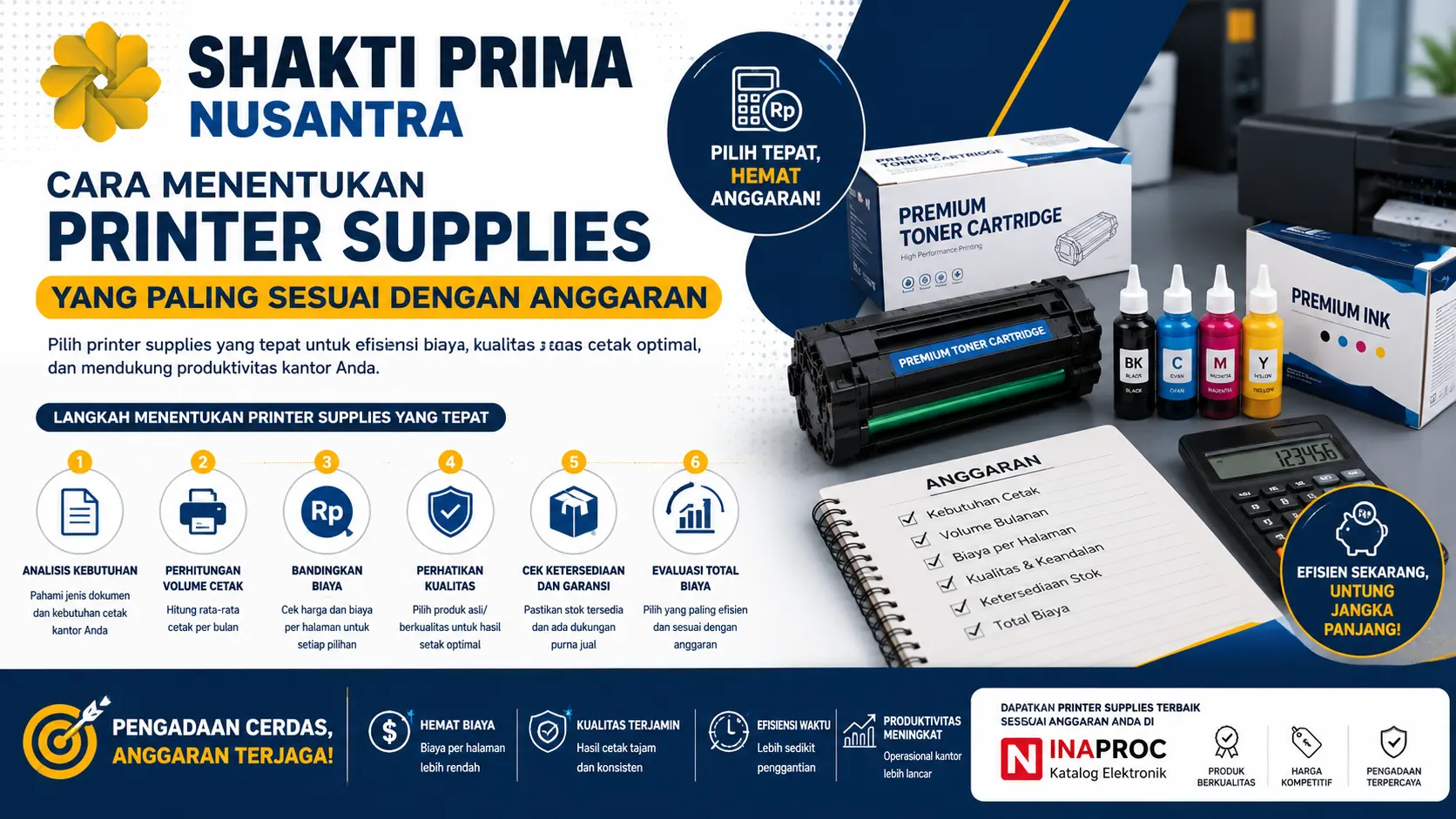 Banner panduan memilih printer supplies sesuai anggaran yang menampilkan perlengkapan printer dan ilustrasi perencanaan biaya untuk mendukung pengadaan kantor yang lebih efisien.