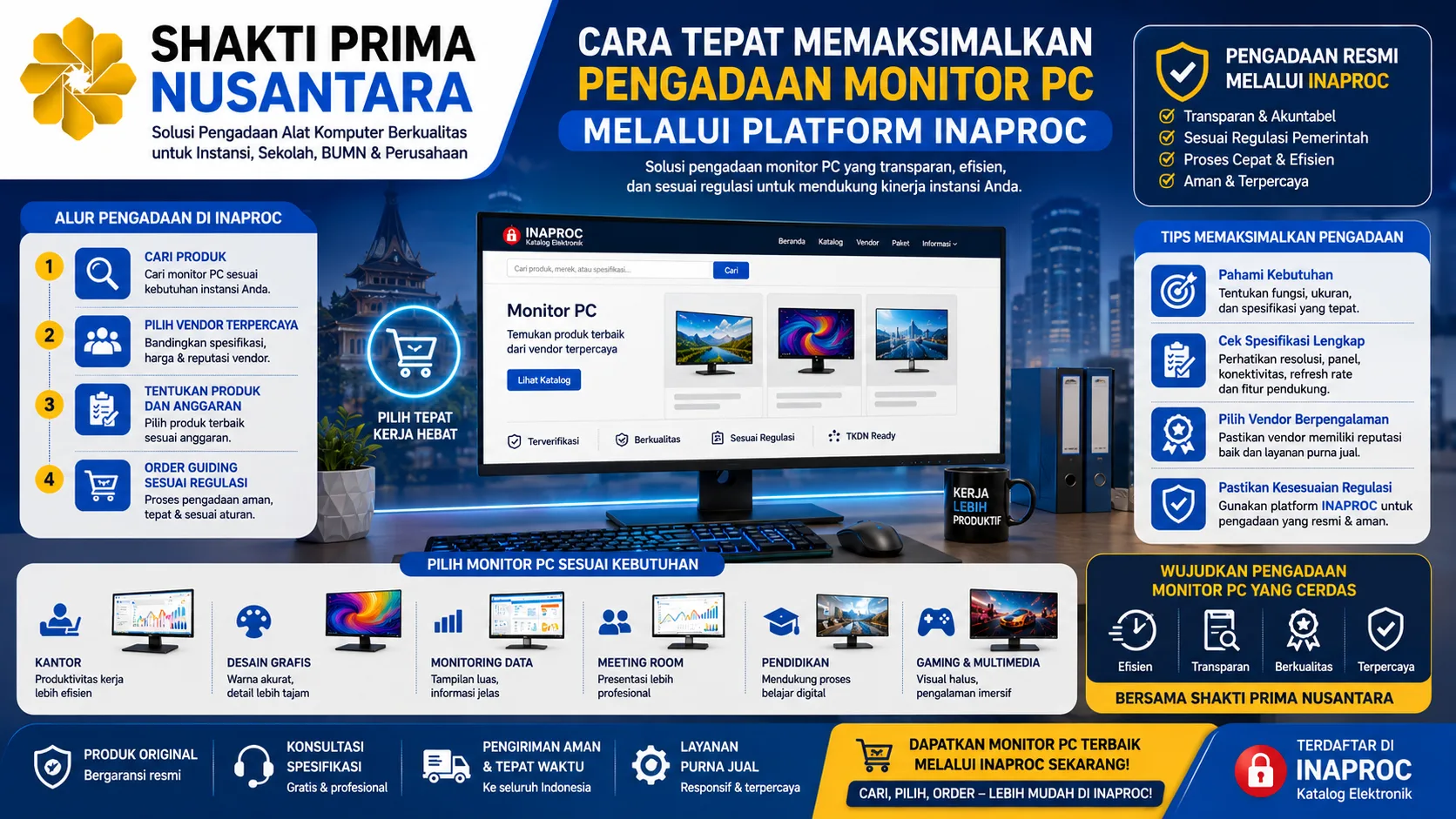 Banner tentang cara memaksimalkan pengadaan monitor PC melalui platform Inaproc yang menampilkan proses pengadaan digital, pemilihan spesifikasi monitor, evaluasi vendor terpercaya, serta ilustrasi monitor modern untuk mendukung kebutuhan instansi, pendidikan, dan bisnis dengan logo Shakti Prima Nusantara.