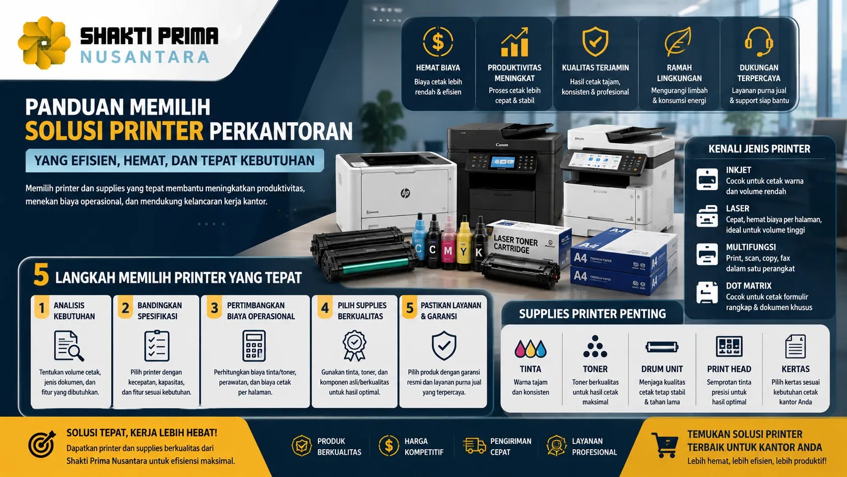 Banner panduan memilih solusi printer perkantoran yang efisien, menampilkan berbagai jenis printer, supplies printer seperti toner dan tinta, serta langkah-langkah memilih perangkat cetak yang sesuai untuk mendukung produktivitas dan efisiensi operasional kantor, dengan logo Shakti Prima Nusantara.