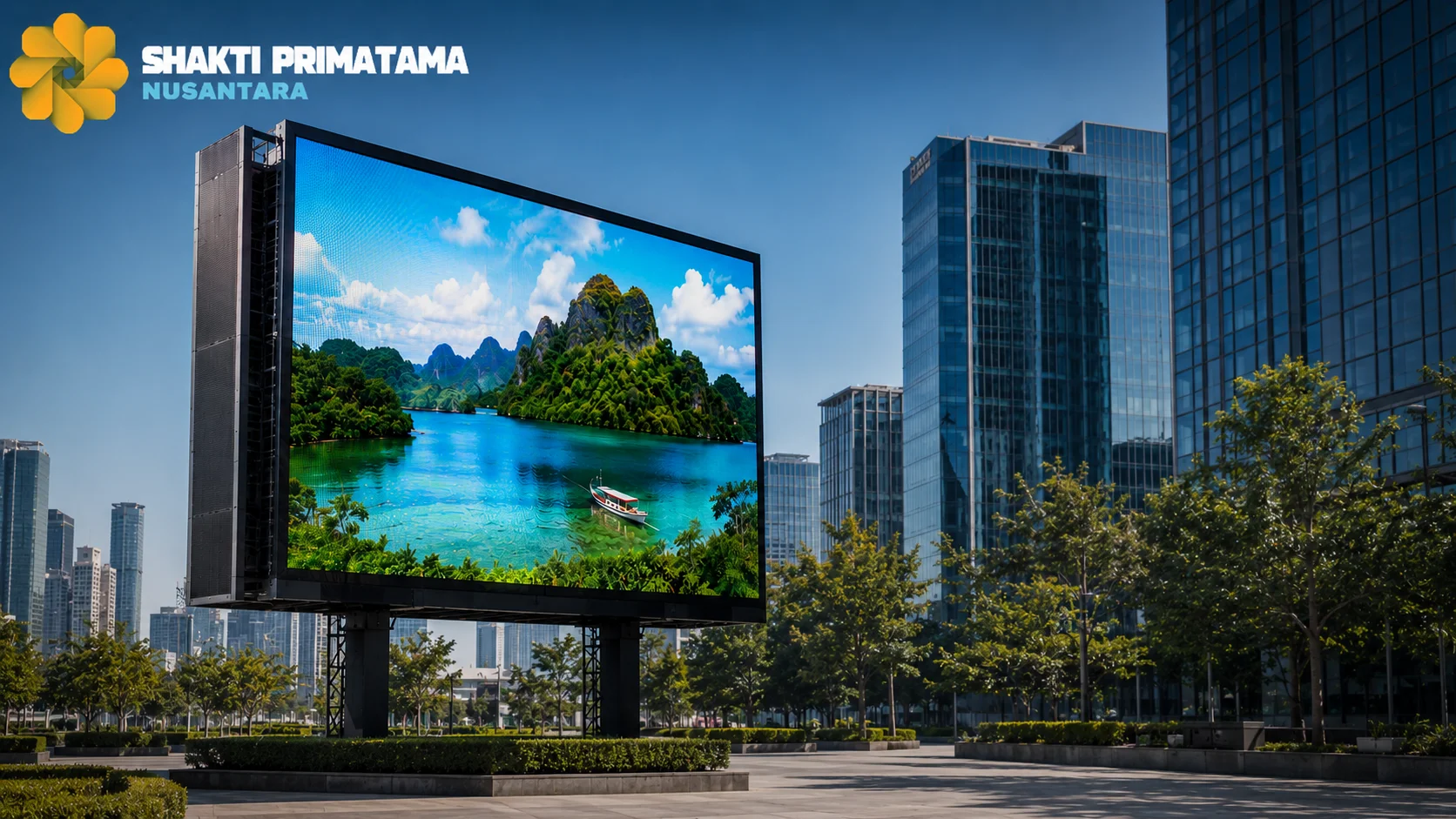 Videotron outdoor dengan panel LED dan kabinet terbuka untuk menampilkan kualitas komponen serta mendukung pengadaan media informasi digital.