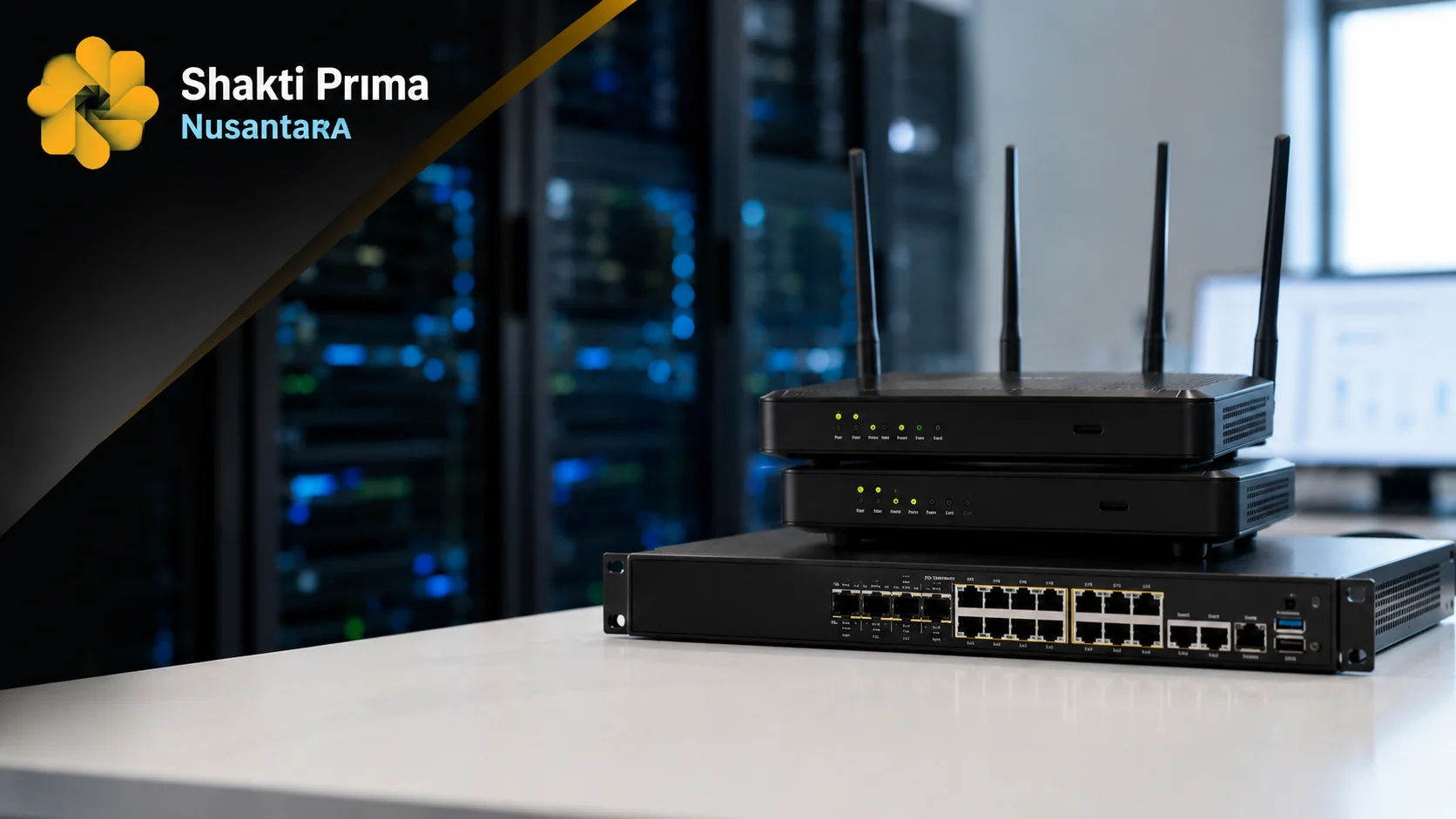 Router dan switch jaringan profesional di lingkungan server modern untuk mendukung pengadaan perangkat jaringan melalui Inaproc bagi kebutuhan instansi pemerintah dan pusat data.