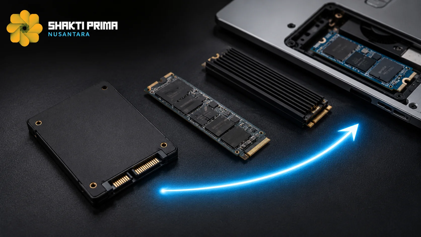 SSD SATA dan NVMe ditampilkan bersama laptop modern yang sedang di-upgrade, menggambarkan peningkatan performa perangkat melalui penggunaan media penyimpanan berbasis SSD.