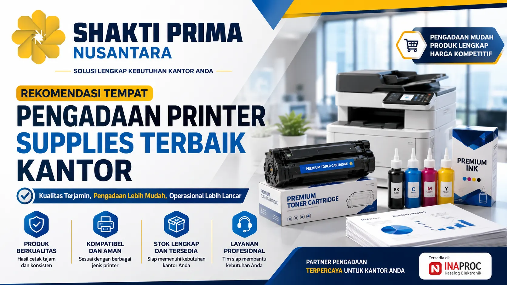 Banner pengadaan printer supplies kantor yang menampilkan printer, toner cartridge, dan tinta printer sebagai solusi pengadaan perlengkapan cetak berkualitas untuk kebutuhan operasional perusahaan.