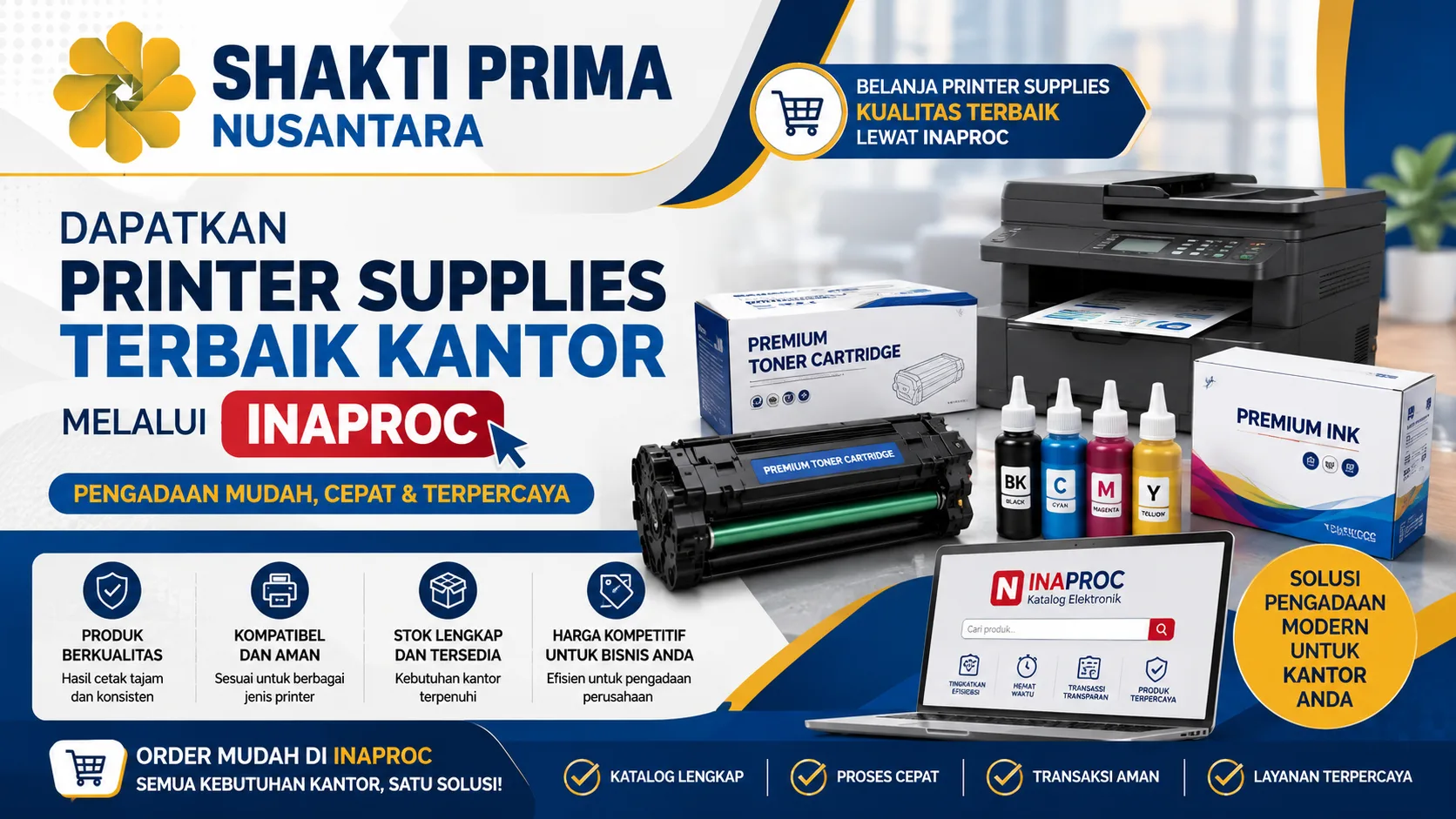 Banner pengadaan printer supplies kantor melalui INAPROC yang menampilkan berbagai perlengkapan cetak untuk mendukung kebutuhan operasional perusahaan.