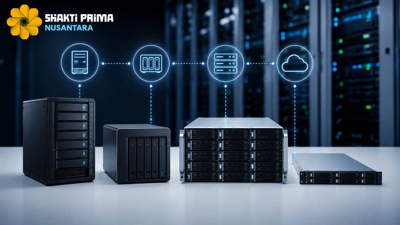 Berbagai jenis server storage seperti DAS, NAS, SAN, dan cloud storage untuk mendukung kebutuhan penyimpanan data modern.