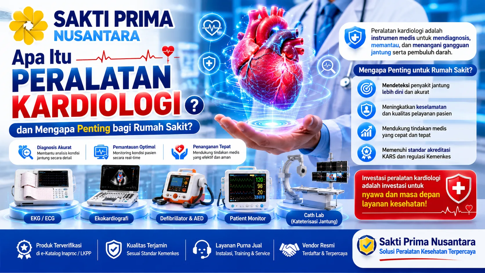 Banner edukatif tentang peralatan kardiologi di rumah sakit yang menampilkan ilustrasi jantung, perangkat medis seperti EKG, ekokardiografi, defibrillator, patient monitor, dan cath lab, serta logo Sakti Prima Nusantara sebagai penyedia solusi peralatan kesehatan.
