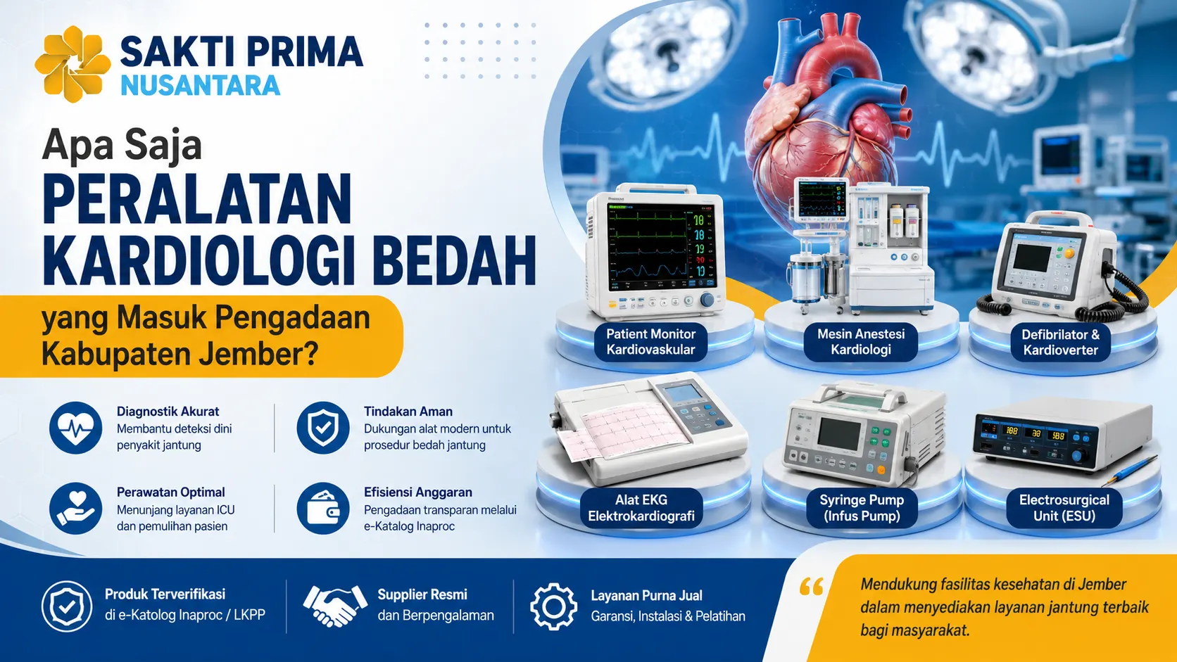 Banner informasi pengadaan alat kardiologi bedah di Kabupaten Jember yang menampilkan berbagai peralatan medis seperti patient monitor kardiovaskular, mesin anestesi kardiologi, defibrillator, alat EKG, syringe pump, dan electrosurgical unit dengan ilustrasi jantung serta logo Sakti Prima Nusantara.