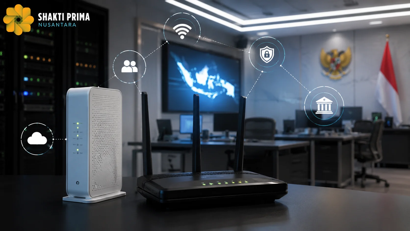 Router dan modem pada ruang jaringan instansi pemerintah untuk mendukung konektivitas internet, keamanan data, dan layanan digital yang andal.