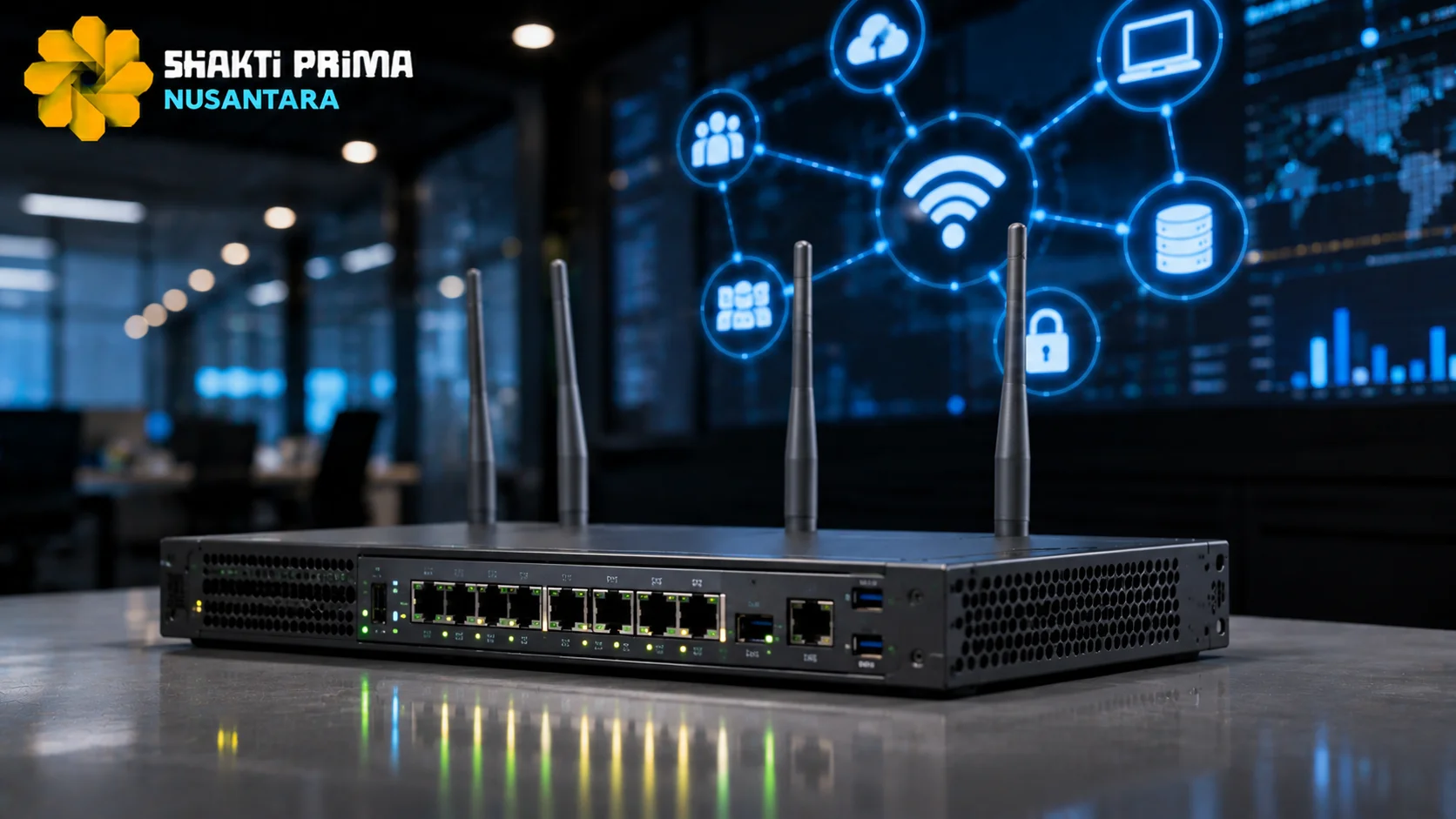 Router jaringan berkapasitas tinggi untuk mendukung koneksi internet yang stabil, aman, dan andal di lingkungan instansi.