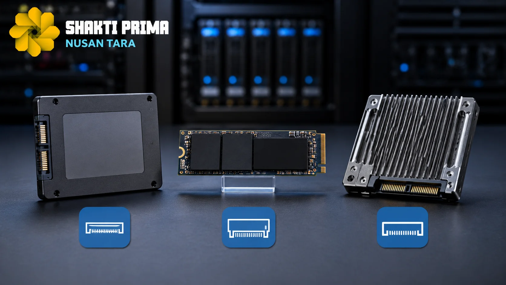 Banner yang menampilkan berbagai jenis SSD internal SATA, NVMe, dan SSD enterprise dengan latar server modern serta logo Shakti Prima Nusantara, menggambarkan perbandingan spesifikasi dan kelas SSD untuk kebutuhan pengadaan melalui Inaproc.
