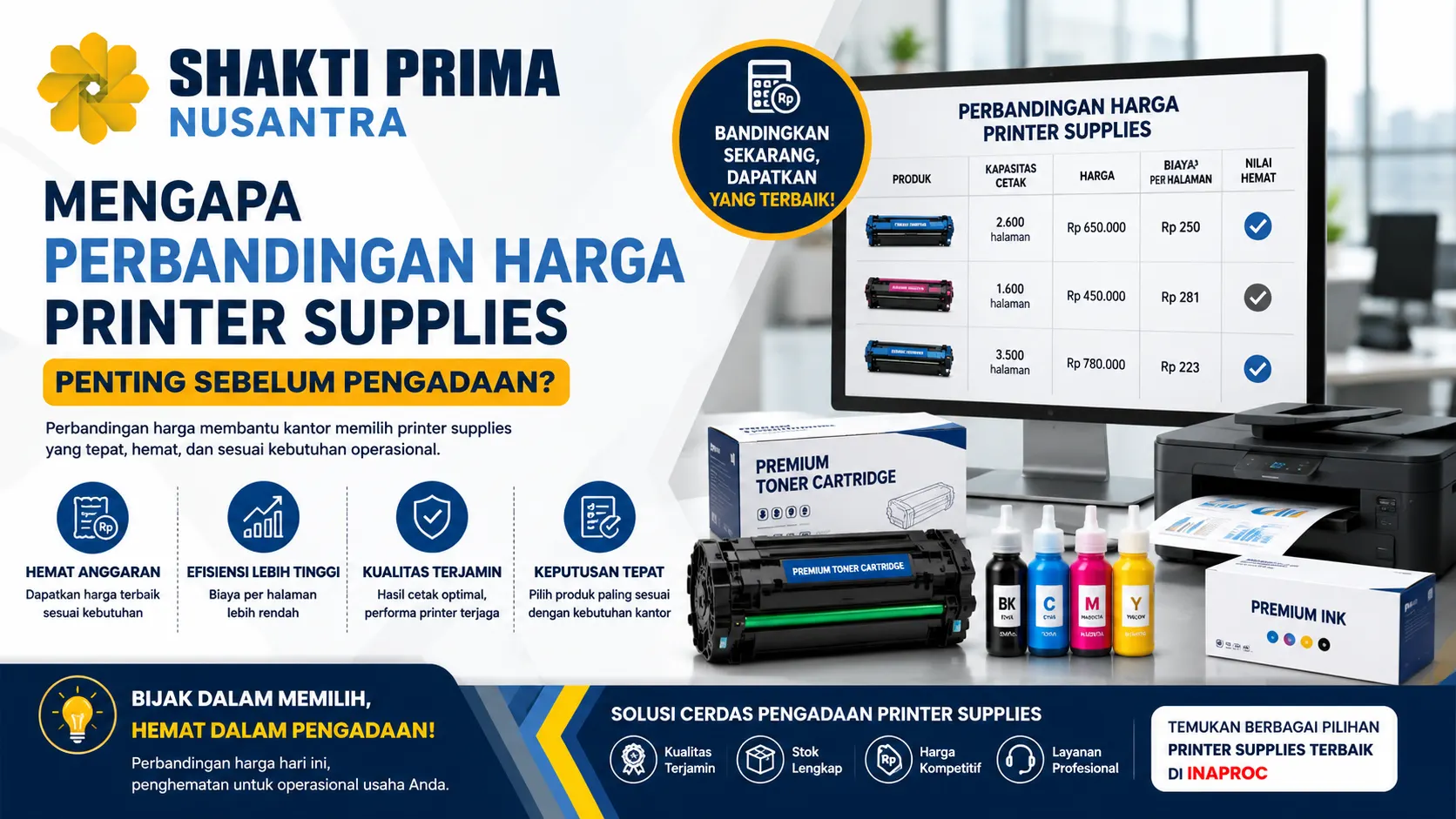Banner perbandingan harga printer supplies yang menampilkan berbagai perlengkapan printer dan informasi biaya untuk membantu kantor memilih solusi pengadaan yang lebih efisien.
