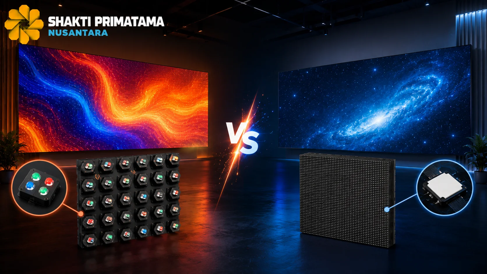 Perbandingan teknologi videotron SMD dan COB dengan panel LED modern untuk menampilkan perbedaan struktur dan kualitas tampilan visual.