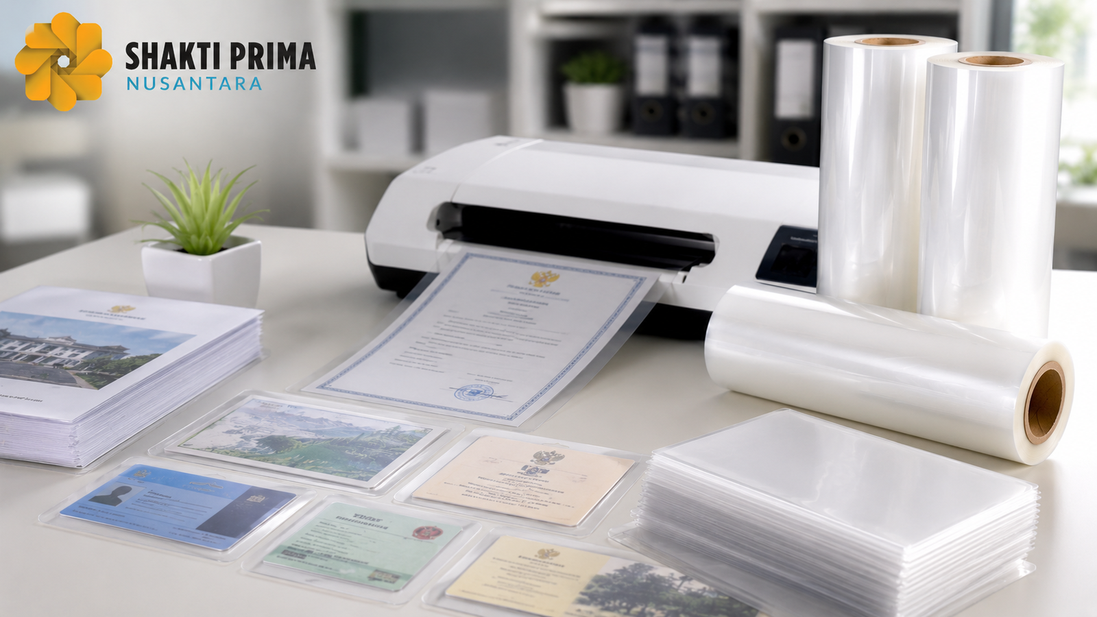 Mesin laminating dan plastik laminating untuk melindungi dokumen administrasi di lingkungan instansi.
