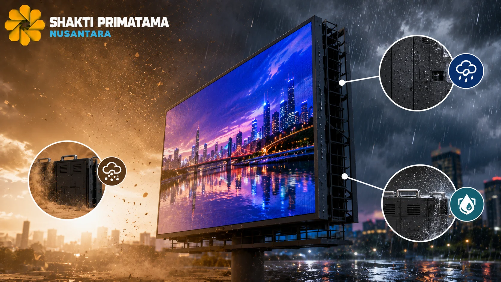 Videotron outdoor dengan perlindungan IP Rating tinggi yang dirancang tahan terhadap hujan, debu, dan berbagai kondisi cuaca ekstrem.