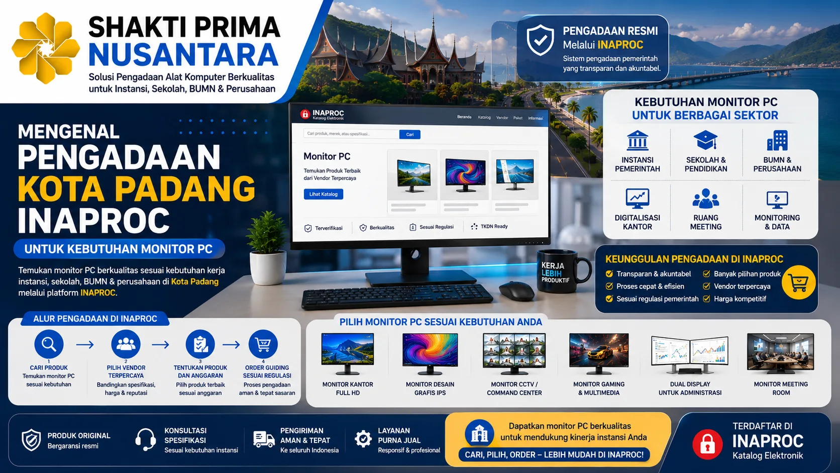 Banner tentang Pengadaan Kota Padang Inaproc untuk kebutuhan monitor PC yang menampilkan monitor komputer modern, platform pengadaan digital, ilustrasi transformasi digital instansi, serta logo Shakti Prima Nusantara sebagai penyedia solusi pengadaan perangkat komputer terpercaya untuk sektor pemerintah, pendidikan, dan bisnis.