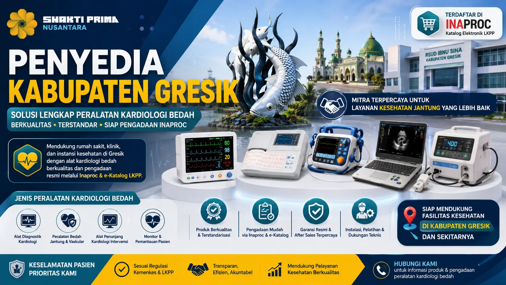Penyedia Kabupaten Gresik dari Shakti Prima Nusantara yang menampilkan berbagai peralatan kardiologi bedah, fasilitas kesehatan, serta dukungan pengadaan resmi melalui Inaproc dan e-Katalog LKPP untuk rumah sakit dan instansi kesehatan.