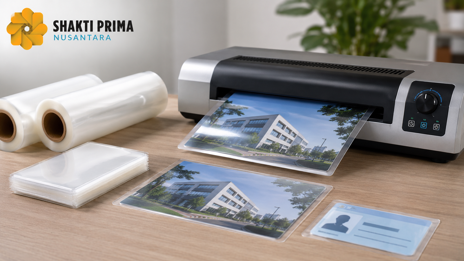 Mesin laminating yang memperlihatkan proses pemanasan, penekanan roller, hingga hasil akhir laminasi pada dokumen.