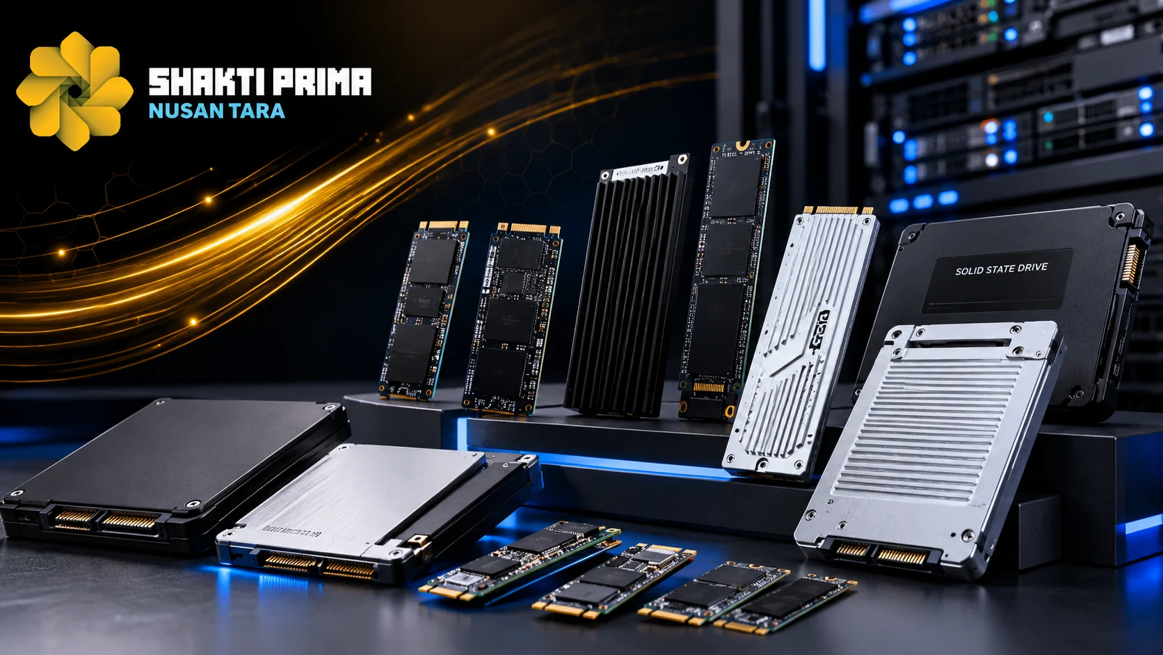 Beragam SSD SATA, NVMe, dan SSD enterprise ditampilkan dalam lingkungan server modern, menggambarkan solusi penyimpanan yang mendukung kebutuhan pengadaan IT dari skala kantor hingga data center.