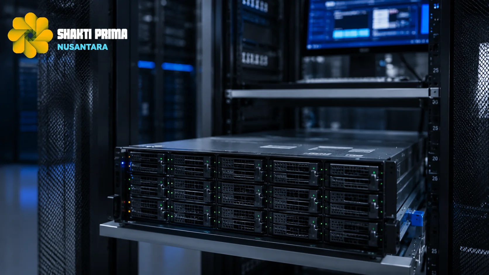 Server storage enterprise pada rak data center modern yang mendukung layanan konsultasi, implementasi, dan pengembangan infrastruktur penyimpanan data organisasi.