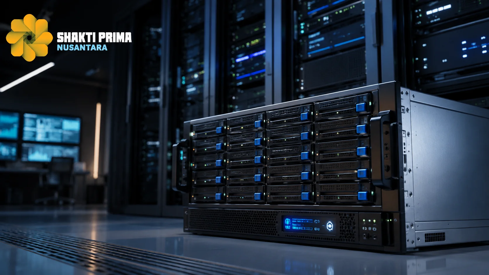 Server storage berkapasitas tinggi di lingkungan data center modern yang mendukung penyimpanan, pengelolaan, dan akses data penelitian secara aman dan terintegrasi.