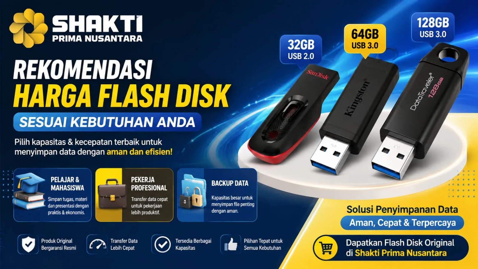 Banner rekomendasi harga flash disk sesuai kebutuhan dengan pilihan kapasitas 32GB, 64GB, dan 128GB dari Shakti Prima Nusantara untuk pelajar, pekerja, dan kebutuhan backup data.