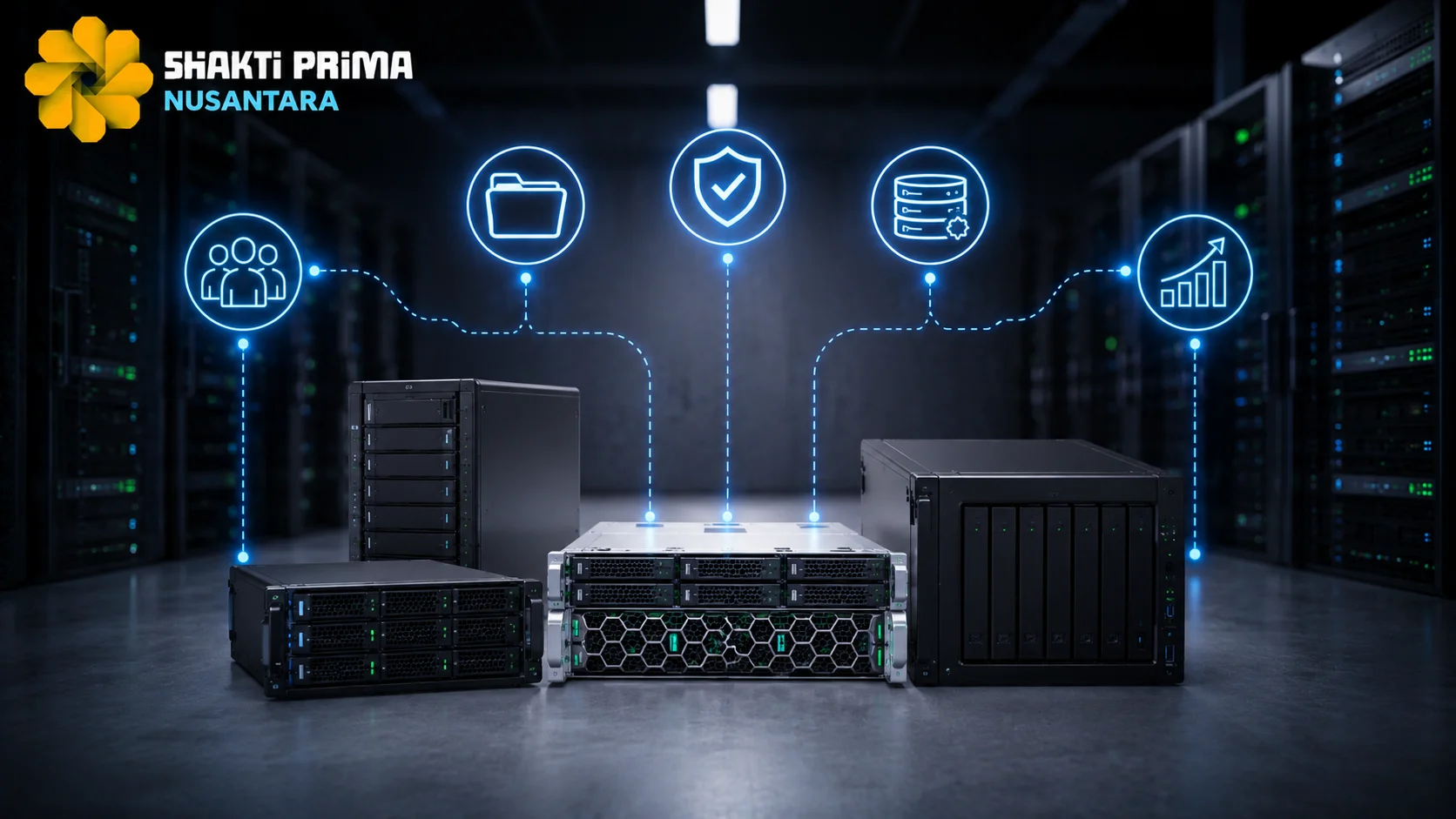 Beragam server storage NAS dan SAN untuk mendukung pengelolaan data terpusat pada infrastruktur TI modern.