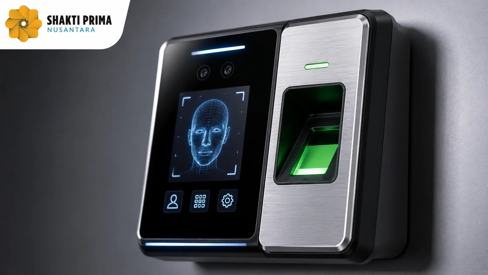 Perangkat biometrik face recognition dan fingerprint modern untuk meningkatkan keamanan serta mengurangi risiko autentikasi.