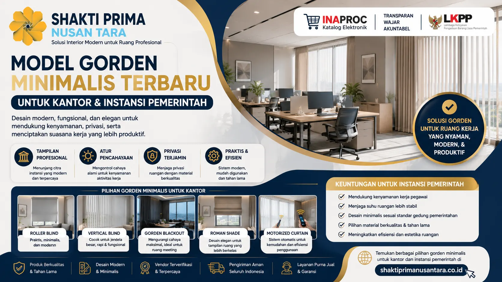 Banner model gorden minimalis terbaru untuk kantor dan instansi pemerintah dengan ilustrasi ruang kerja modern, jendela besar, gorden warna netral, serta berbagai pilihan sistem gorden yang mendukung kenyamanan dan produktivitas kerja.